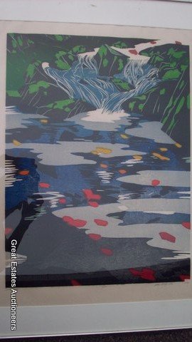DENG MING DAO LITTLE RIVER MODERN ART WOODCUT: Deng Ming Dao 20th Century Modern Art Woodcut. Bright vibrant florescent colors in a modernistic waterfall scene. Pencil titled, numbered 13/25 signed & dated 1980. New York Gallery label verso. 29" H