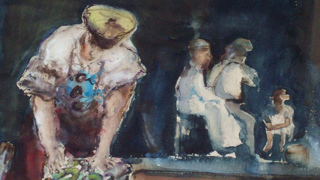 IH NEWMAN - IMPRESSIONIST WATERCOLOR PAINTING: IH ( Irene Hodes ) Newman American 1939-62. Impressionist watercolor painting depicting a man with a basket of shrimp & figures in the background. Signed lower right. H 19" x L 15 1/2" sight size. H 2