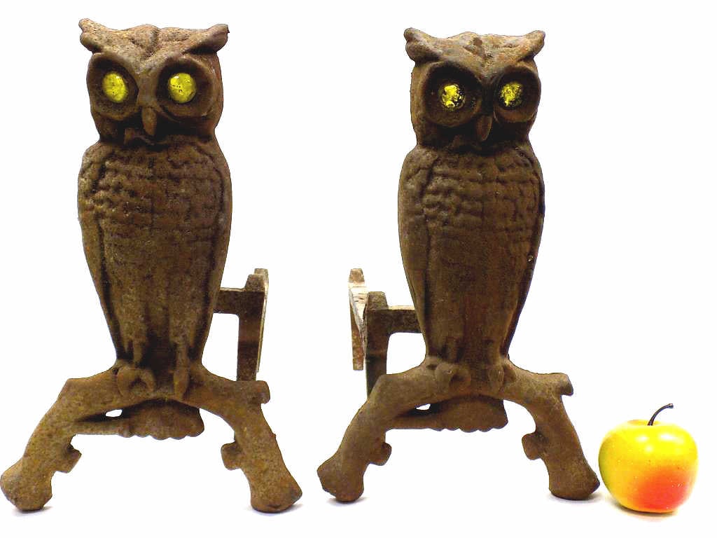 ARTS & CRAFTS OWL CAST IRON ANDIRONS: Antique Pair of Arts and Crafts Cast Iron Owl Fireplace Andirons. Glass Color Eyes. As found, fully useable. From a Pennsylvania Country Estate.