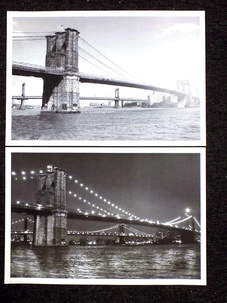 PHIL MAIER - BROOKLYN AND MANHATTAN BRIDGE PRINTS: Phil Maier - American 20th Century - Pair of Photo Prints Depicting The Brooklyn and Manhattan Bridge at Day and Night Time. 12.25" x 18"