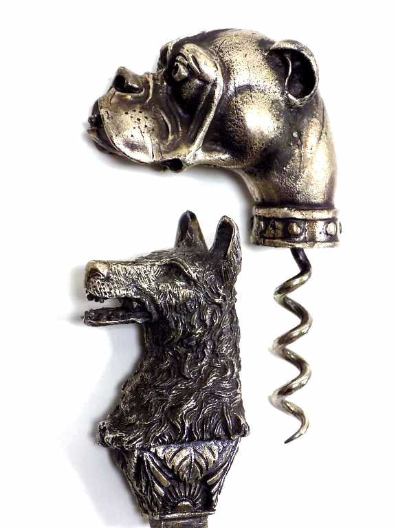 RARE CAST STEEL DOG HEAD CORKSCREWS: Rare Cast Steel Dog Head Corkscrews. Highly Detailed, Heavy Duty. Bulldog and German Shephered. Total Length 4.50" & 4"