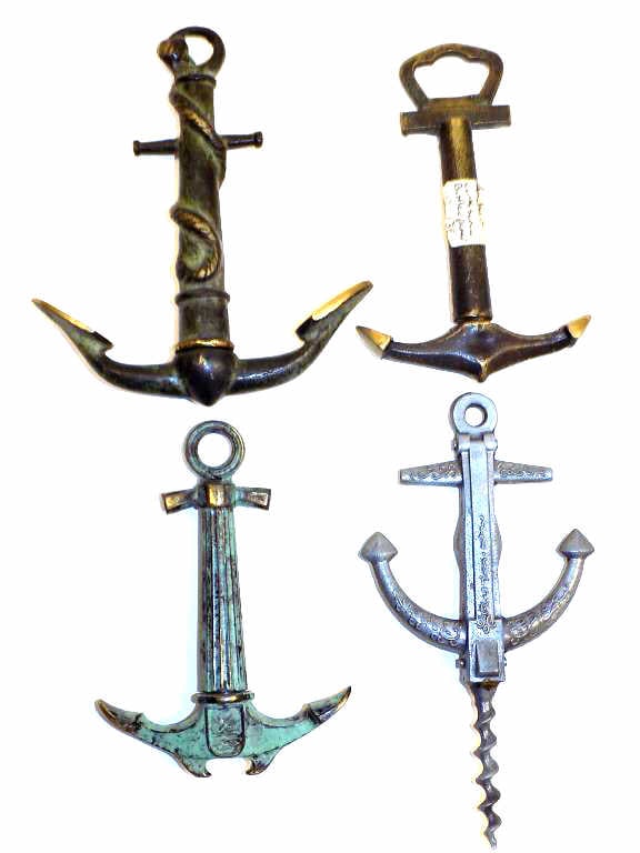NAUTICAL SHIP ANCHORS BOTTLE OPENERS CORKSCREWS: Vintage Nautical Ship / Boat Anchors Bottle Openers and Corkscrews. Solid Brass, Steel, Aluminum. Longest 5". Old Patina.