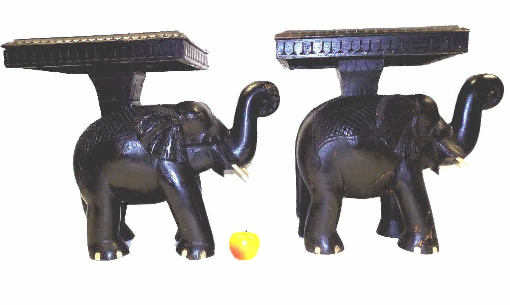 EXQUISITE EBONY ROSEWOOD & BONE ELEPHANT STANDS: Big Exquisite Pair of Solid Exotic Ebony Wood Elephant Stands. Hand Carved with Bone Inlay. Crafted in India. Height 18" x Width 11.50" x Lengh 20" 53 lbs Total