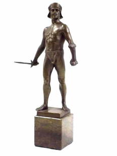 HANS KECK - BRONZE WARRIOR GLADIATOR STATUE: Hans Keck - Austria -1875-1941 19th Century Bronze Statue of a Roman Warrior Gladiator wearing helmet with grasped sword. Signed. Marble base. 12" Total Height. Chocolate brown patina. Very good as sh