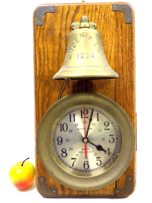QUEEN MARY SHIPS TIME BELL CLOCK OAK & BRASS (1 of 3)