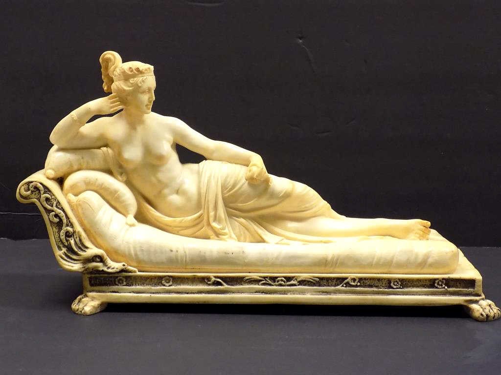 AFTER SANTINI NEOCLASSIC RECLINING NUDE SCULPTURE: After A. Santini - Italian - Neoclassical Simulated Marble Resin Sculpture of a Reclining Nude Goddess Holding an Apple. Height 7.50" x Length 14". Nice Ivory Patina.