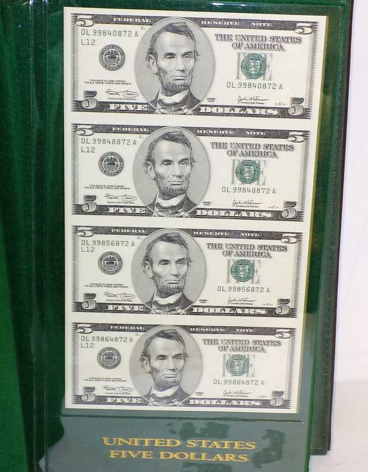 UNITED STATES MINT UNCUT ONE TWO FIVE DOLLAR BILLS (1 of 5)