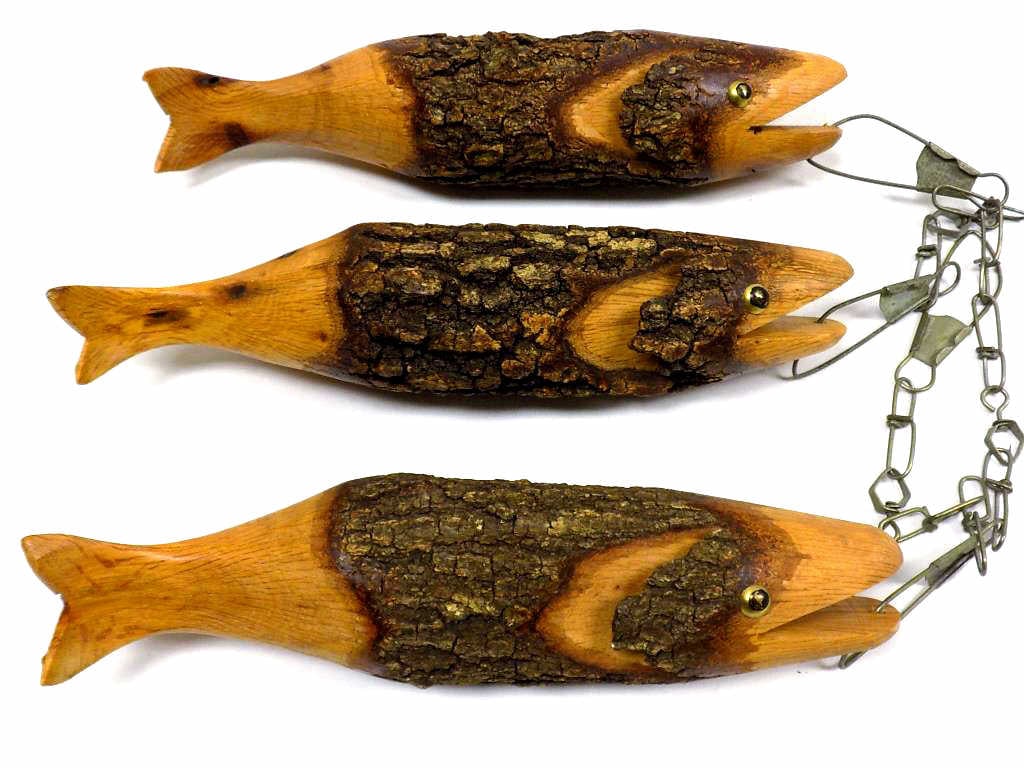 AMERICAN FOLK ART CARVED WOODEN TROUT FISH: Vintage American Folk Art Wooden Trout Fish. Hand Carved Tree Branches with Brass Tack Inset Eyes. Artist Signed. Length 11.50"