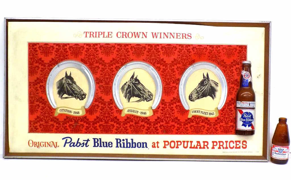 VINTAGE PABST BLUE RIBBON BEER ADVERTISING SIGN: Vintage Pabst Blue Ribbon Beer Advertising Sign. Triple Crown Winners Race Horses Citation Assault Count Fleet Shown under Horseshoes. 18" x 34.25"