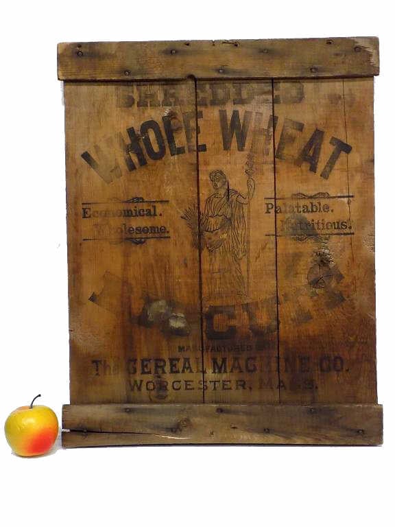 1800'S CEREAL MACHINE CO. WHEAT ADVERTISING SIGN: Rare1800's Cereal Machine Co. Worcester Massachusetts Shredded Whole Wheat Advertising Crate Sign. Pine with Goddess in Gown Trade Mark Logo. 16" x 20.50"