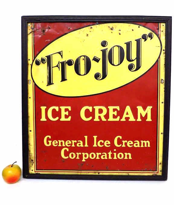 FRO JOY ICE CREAM TROY NY ADVERTISING SIGN: Antique 1920's General Ice Cream Corporation Fro Joy Ice Cream Advertising Sign Troy (New York). Embossed Metal. Framed 21.50" x 24"