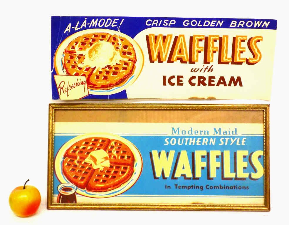 PAIR 1940'S WAFFLES ADVERTISING SIGNS: Vintage 1940's Pair of Waffles Advertising Signs. Vibrant Graphics on paper. Waffles With Ice Cream and Modern Maide Southern Style In Tempting Combinations. 7" x 19"