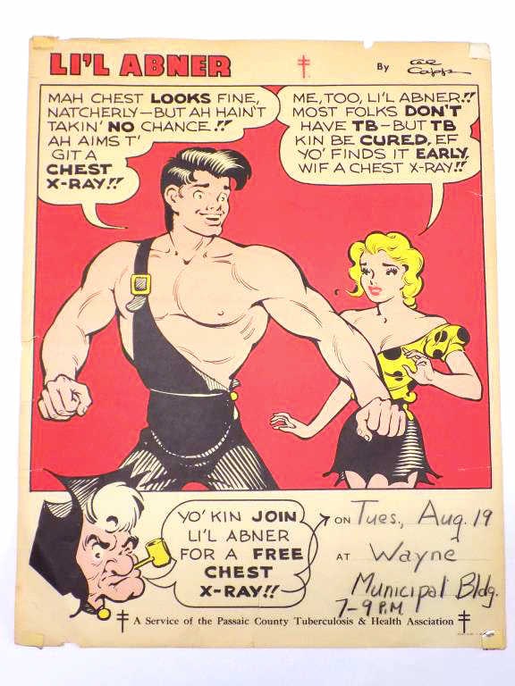 VINTAGE AL CAPP LIL ABNER CARTOON POSTER: Vintage 1952 Lil Abner By Al Capp Cartoon Poster. Advertising Promo For The Health Association. 17" x 22" As is, tears / wear