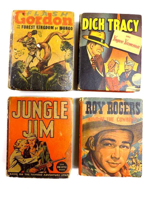 1940'S LITTLE BOOKS FLASH GORDON DICK TRACY ETC: Rare 1940's Better Little Books Lot. Including Flash Gordon In The Forest Kingdom of Mongo, Dick Tracy and Yogee Yamma, Jungle Jim (incomplete), Roy Rogers King of The Cowboys. 4 Toy Books, All Illust
