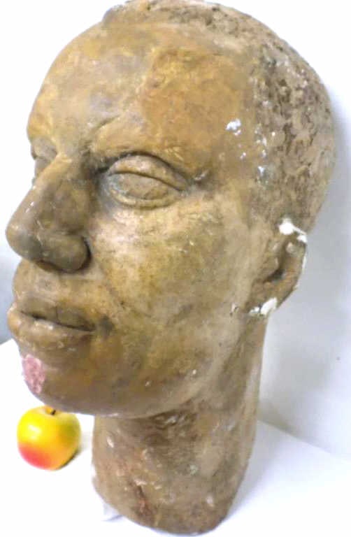 MINNA HARKAVY - AFRICAN AMERICAN HEAD SCULPTURE: Minna Harkavy American 1887-1987 - Life Size Head Plaster Sculpture of an African American Man. 18" Height x 13" Wide. Important Artist was a Founder of the W.P.A. (From Donzella.com and the Jewish Vi
