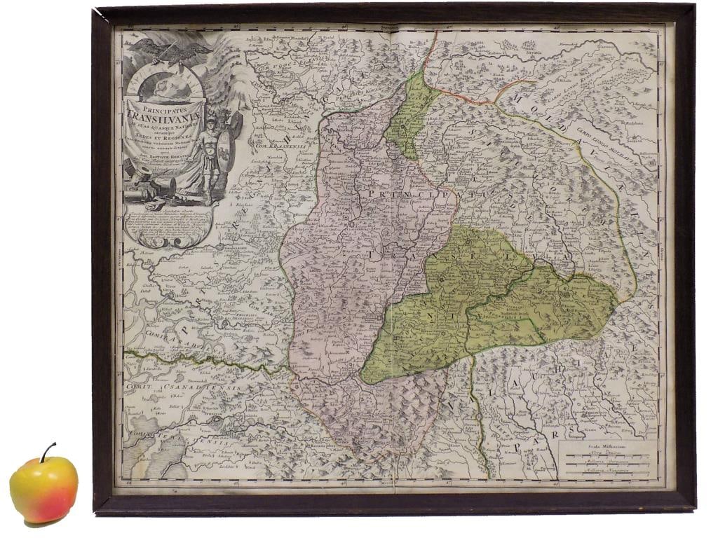 JOHANN BAPTIST HOMANN 1700'S TRANSYLVANIA MAP: Johann Baptist Homann c1700's Transylvania Map. Entitled Principatus Transilvania In Suas Quasque Nationes earumque Sedes Et Regiones ... Latin. Hand Colored Engraving. 19" x 23"