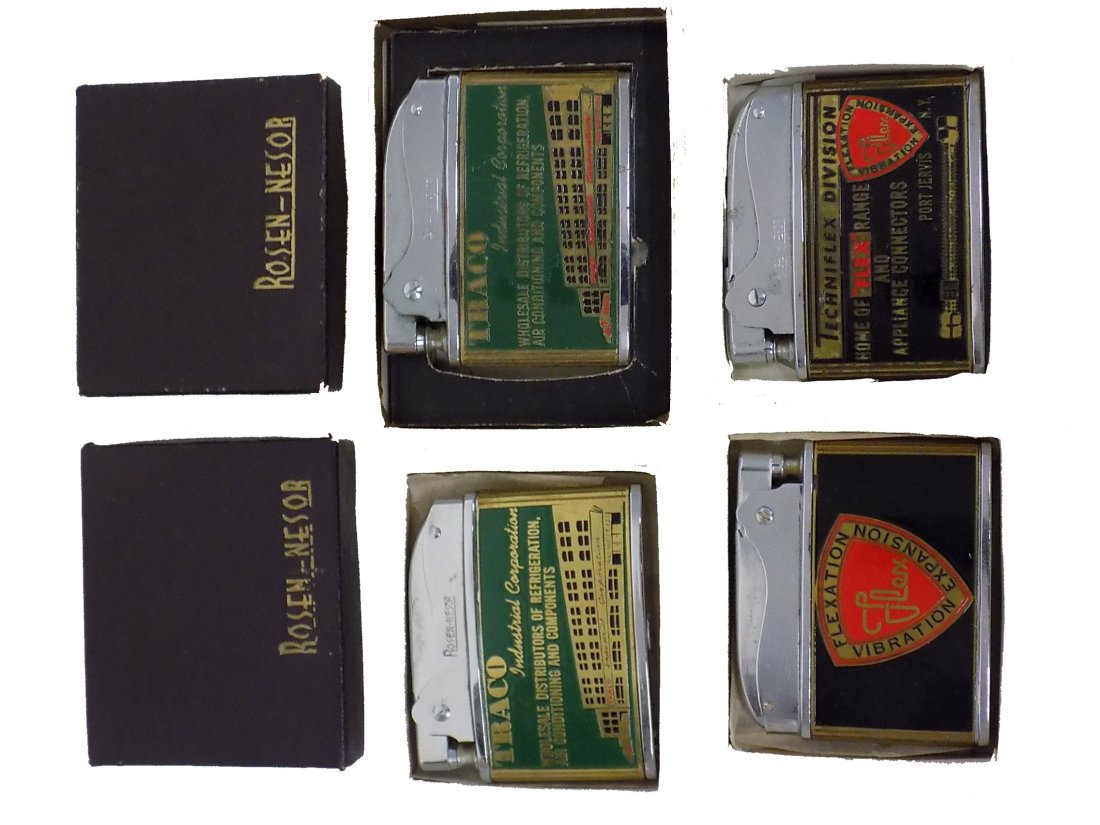 VINTAGE ROSEN NESOR ADVERTISING LIGHTERS: Group of 4 Vintage Rosen Nesor Advertising Lighters. Double Sided Multi Color Enamel. Includes: 2 Traco Industrial Corporation and 2 Flex Techniflex Division Appliances. Pics show each side.