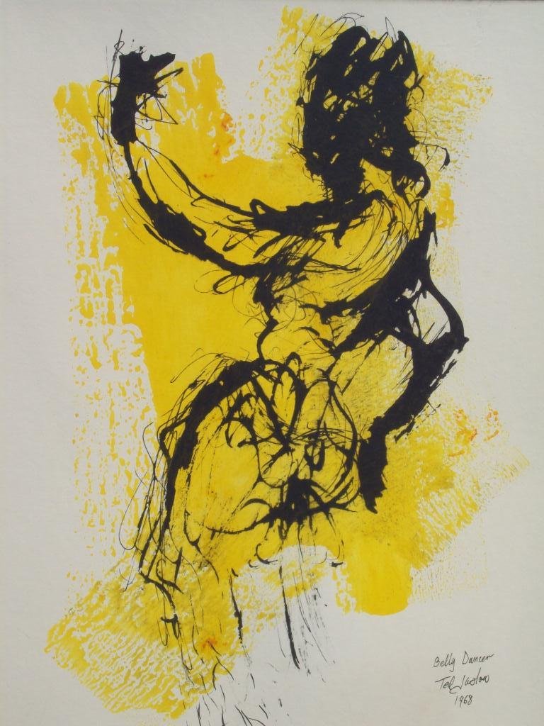 TED JASLOW MIDCENTURY MODERN SILKSCREEN: Ted Jaslow American 1934 - Midcentury Modern Abstract silkscreen titled Belly Dancer 1968. H 16" x L 12 1/2" cloth matted sight size. Modern Chrome frame 22 1/2 x 19.