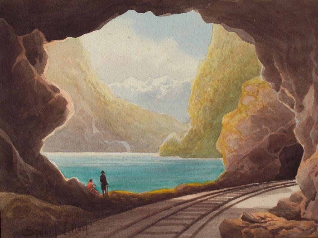 SYDNEY E HART - RAILROAD TUNNEL WATERCOLOR: Sydney E. Hart English School watercolor / watercolour of 2 people enjoying a riverside view along a railroad tunnel . Signed lower right. H 9.25" x L 12.25". Provenance: Private Collection.