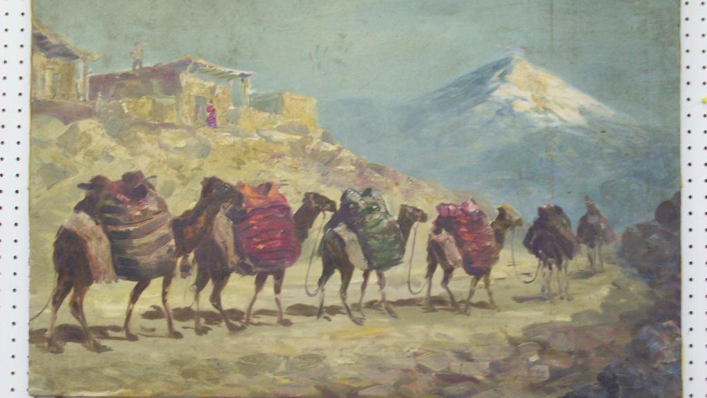 IMPRESSIONIST ARABIAN CAMELS PAINTING: Impressionist oil painting on canvas . Group of desert camels walking along houses with mountain in background . H 27" x L 39". unsigned.