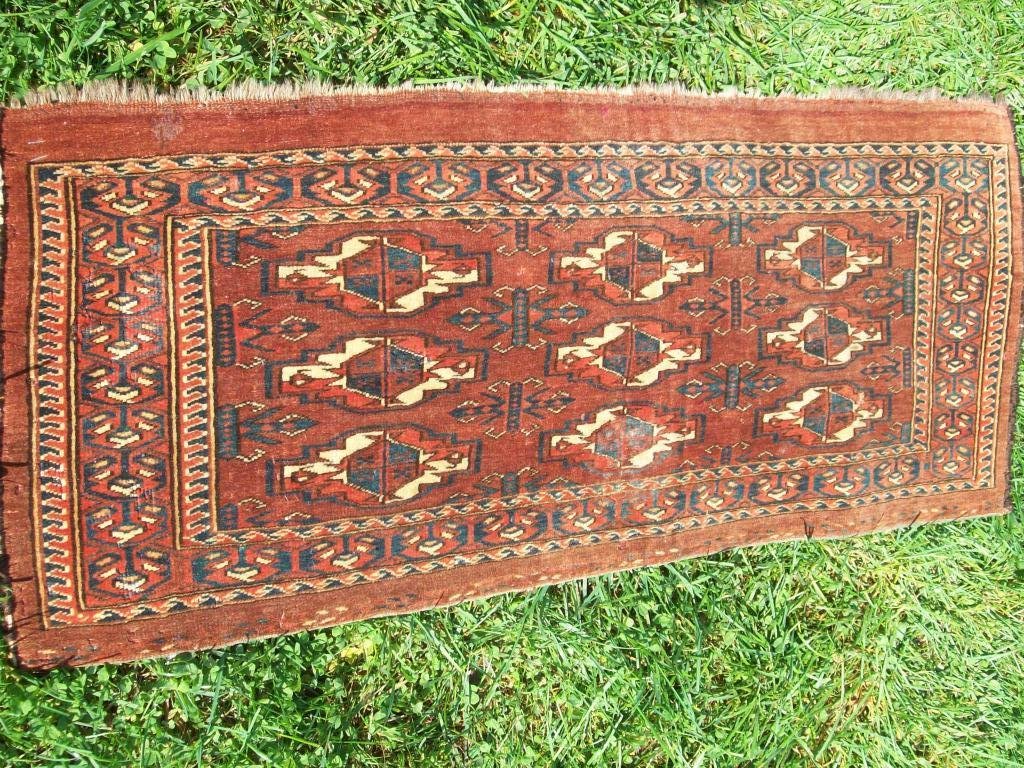 ANTIQUE PERSIAN SHAHSAVEN MAFRASH PRAYER RUG: 19th Century Antique persian Mafrash mat / prayer rug / Tapestry . Hand tied with camel hair. 1 sided fringe. H 18" x L 43"
