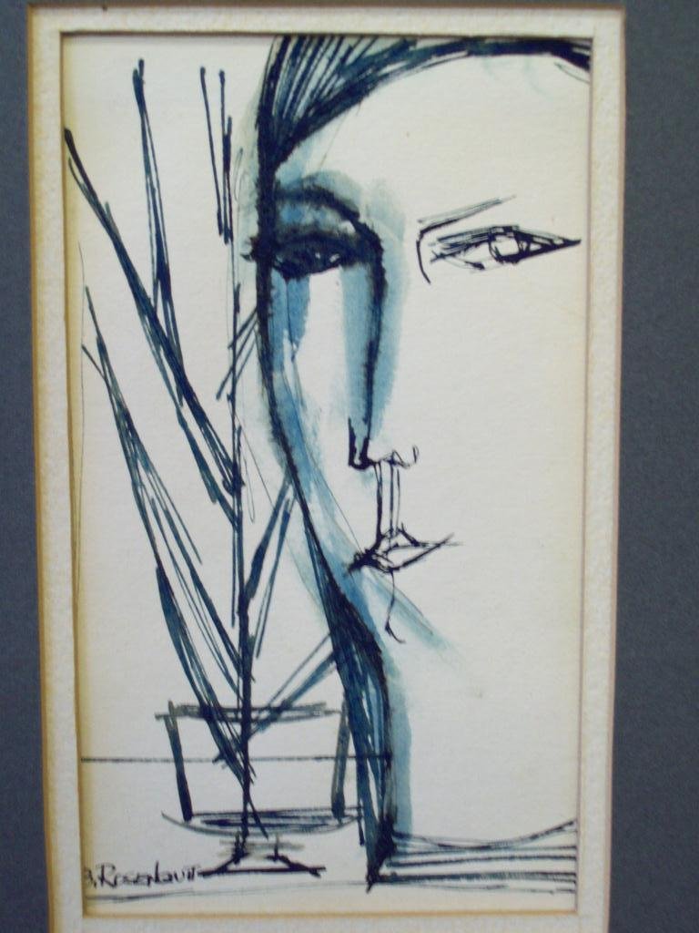 BERNARD ROSENQUIT - MODERN PEN & INK DRAWING: Bernard Rosenquit 1923-1991 American Modernist pen & ink sketch / drawing of a modern person / face . Signed lower right. H 5.50" x L 3.25" matted sight size. 10" x 13" framed. Roko Gallery frames NYC