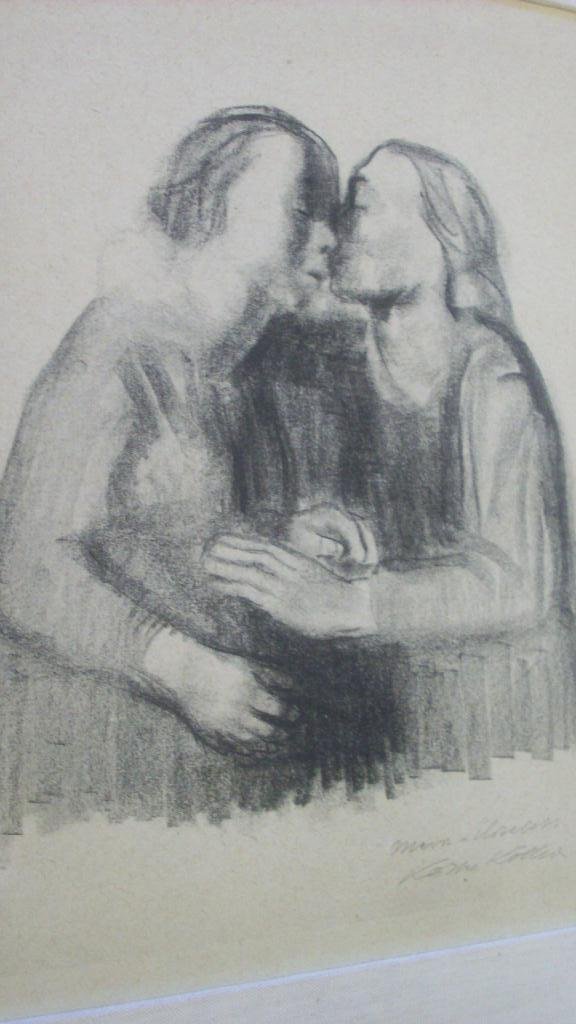 KATHE KOLLWITZ - MARIA & ELISABETH LITHOGRAPH: Kathe Kollwitz 1867-1945 " Maria & Elisabeth " realist lithograph of 2 ladies in mourning. Titled illegiby & signed lower right. H 14.50" x L 10"