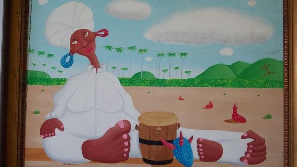 GUERRIDO HAITIAN SURREALIST PAINTING: Surreal / Folk Art style Haitian lady holding a bongo drum. Signed Jase Jose ? Guerrido Jr. 1994 lower left. H. 18"" x W 24"".