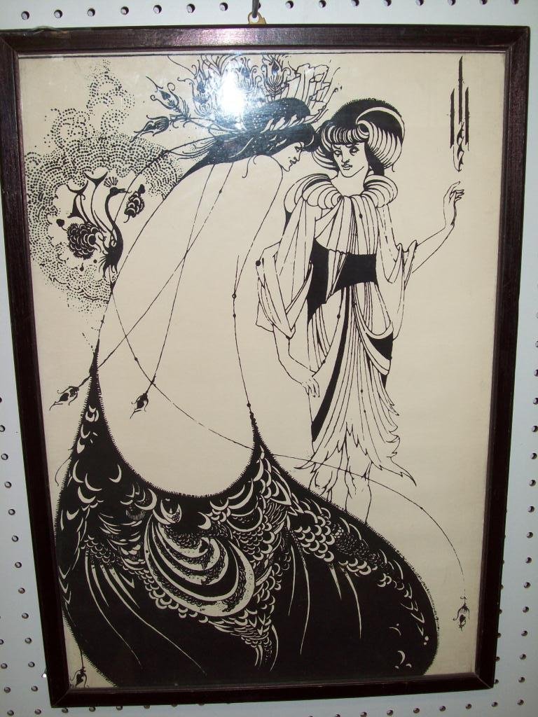 AUBEY BEARDSLEY - LADY BLACK LITHOGRAPH: Aubrey Beardsley 1872-1898 American lithograph Circa 1930's. Ladies in gown & black peacock cape / gown . Monogrammed signature in plate. Condition: Excellent. Private Collection. Approx H 21.50" x L 