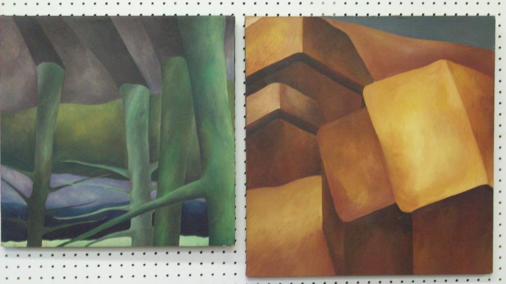 BAKAY - ABSTRACT & CUBIST PAINTINGS: Bakay - 2 modern art oil paintings on canvas . Green trees dated & signed verso Feb 73' ; Orange cubes signed verso March 72' titled " Feb II " . H 20" x L 20" & 23" x 22".