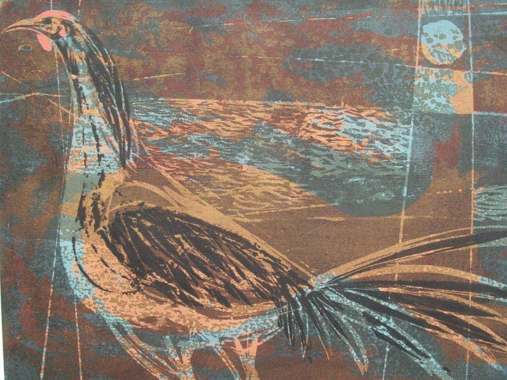MODERN ABSTRACT GOLDEN COCK SILKSCREEN: Modern Abstract silkscreen on paper. pencil titled " Golden Cock " E 35 . Signed illegibly W. Ward Binoffy ? 1953. H 18" x L 20.25".