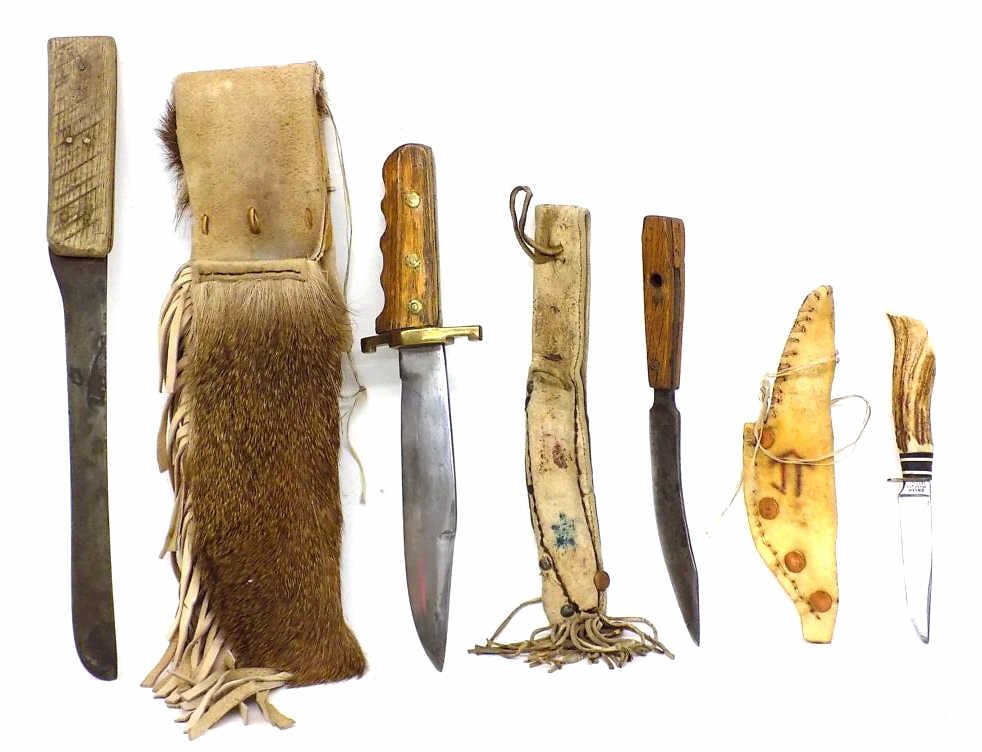 MOUNTAIN MAN HUNTING KNIVES GROUP W/ NICHOLS: Vintage Group of Mountain Man Hunting Knives and Sheaths. Including: Large Primitive Country Fixed Blade with 10" Carbon Steel Blade and Wood Handle 15.25" Total Length, Golden Oak Handled Bowie Brass