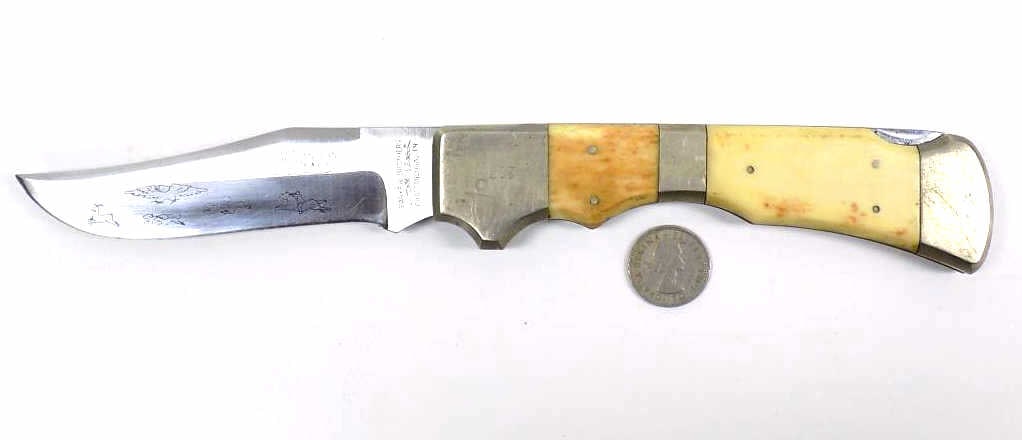 PARKER BROS AMERICAN HUNTING KNIFE: Vintage Parker Bros Co. Chatanooga Tennessee American Hunting Folding Lock Back Knife. Bone Handle with Hunting Scenes on the Blade. Limited Edition Numbered 270 on Nickel Silver Mount. 4.50" Blade, 1