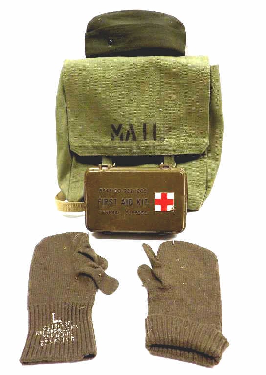 WORLD WAR II U.S. MILITARY ARMY RELATED LOT: World War II United States Military Army Related Lot. Including: Mail Bag, Hat, Pair Mittens, First Aid Kit Box