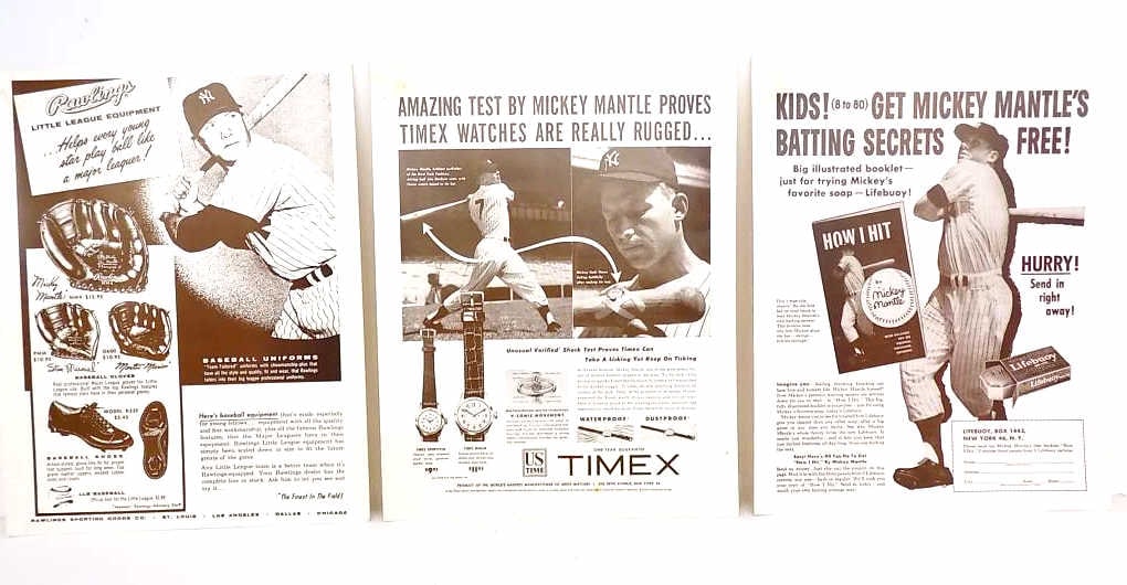 RARE 1956 MICKEY MANTLE ADVERTISING SIGNS: Group of 3 Rare 1956 Store Window Advertising Cardstock Signs. Featuring New York Yankees Baseball Hall of Famer Mickey Mantle. Includes: Rawlings Baseball Gear Finest In The Field !, Timex Wristwatch