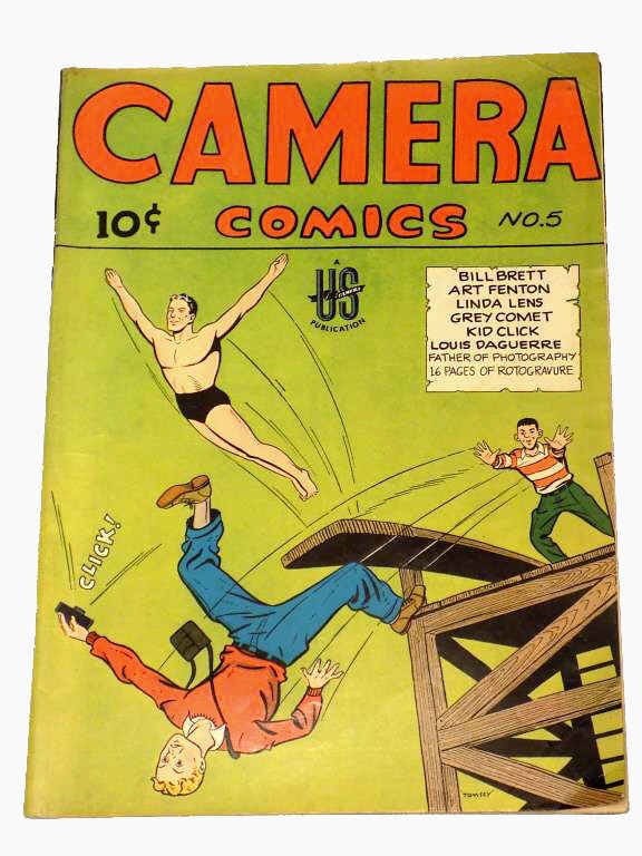 GOLDEN AGE CAMERA COMICS No. 5 ACTION COMIC BOOK: Ultra Rare Golden Age Camera Comics Vol 1 No 5 1944 Comic Book. Action Cover of a Diver Going After A Falling Victim. Stories Include: Bill Brett Murderer Story, Louis Daguerre Father of Photography, 