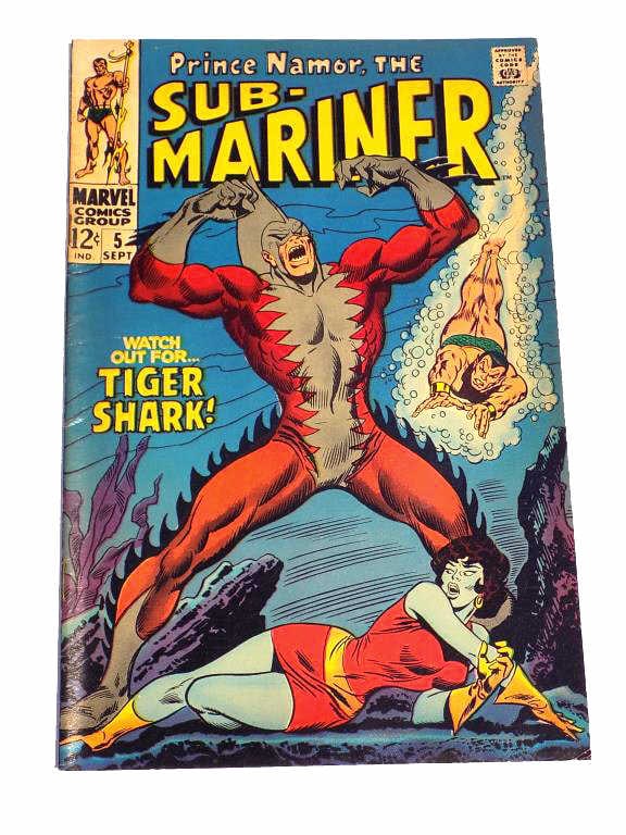PRINCE NAMOR THE SUB MARINER No 5 COMIC BOOK: Marvel The Sub Mariner Vol 1 No. 5 Comic Book. Atlas Magazines Publication. Vibrant Cover With Stan Lee's First Appearance of Tiger Shark. Silver Age. Artwork By John Buscema. Very Fine condition.