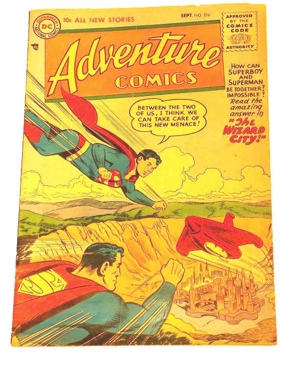 GOLDEN AGE ADVENTURE COMICS BOOK No 216 SUPERMAN: Golden Age Adventure Comics No 216 1955. Superman and Superboy Cover Art. Other Stories Include Aquaman, The Green Arrow. Very good condition.