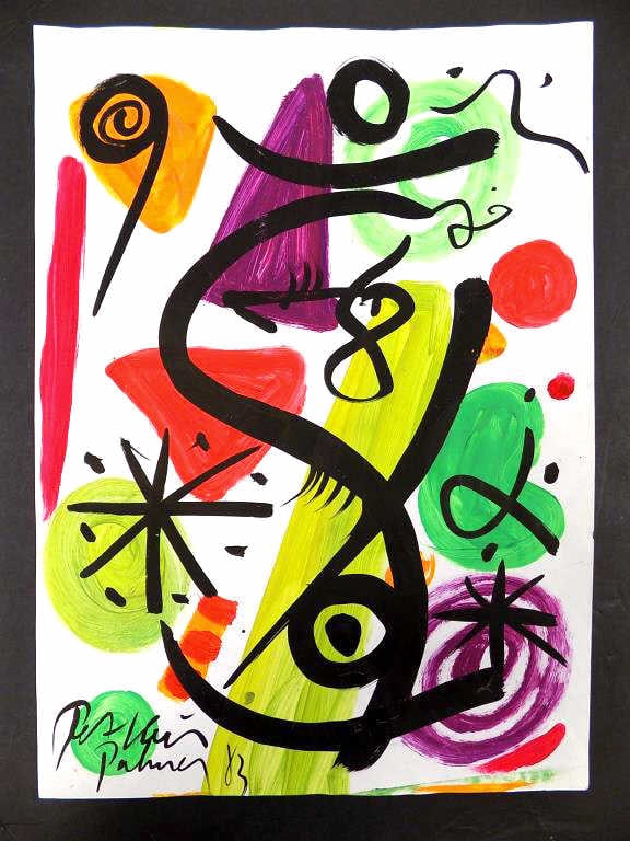 PETER KEIL - MIRO HOMMAGE PAINTING: Peter Keil - American b1942 - Abstract Miro Hommage Acrylic Painting Entitled Palma. Artist Signed, Titled, Dated Lower Left. 17" x 23.50" Provenance: From a Private New York Estate.