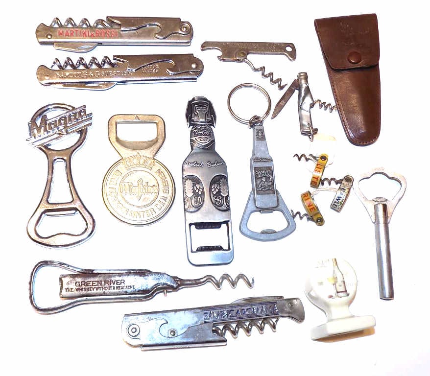 ADVERTISING BOTTLE OPENERS CORKSCREWS KNIVES: Assorted Advertising Group of Barware Items. Including: FGB Italy Chrome Martini & Rossi, Julius Kayser, Sambvcaromana ( Sambuca Romana) Folding Bottle Openers, Corkscrews, Knives, Grolsch Premium Lag