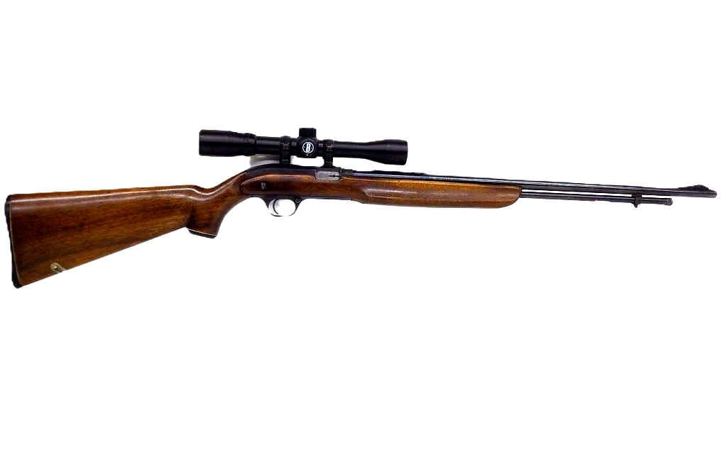 HIGH STANDARD JC HIGGINS MODEL 30 .22 CAL RIFLE: Sears Roebuck and Co. High Standard JC Higgins Model 30 .22 Caliber Semi Automatic Rifle. Circa 1952. Sears No. 583.70 Handsome Dark Wood Body. Bushnell Scope. Working Order. Ref 13 NICS Check Require