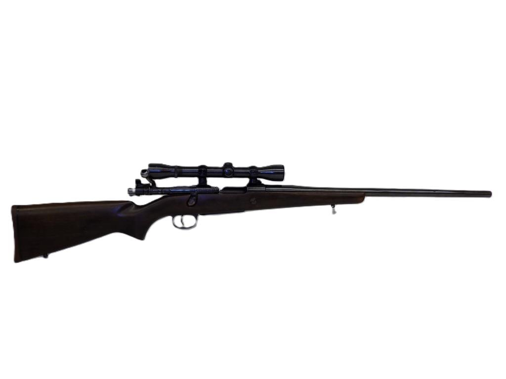MAUSER 98 SPORTER 30/06 CALIBER BOLT ACTION RIFLE: Vintage Mauser 98 Sporter Model 30/06 Caliber Bolt Action Rifle. Pre 1968. Dark Walnut Body with Shiny Barrel. Big Weaver K4 60 B Scope. Working Order. Ref 16 NICS Check Required. There is a $25.00 Tr