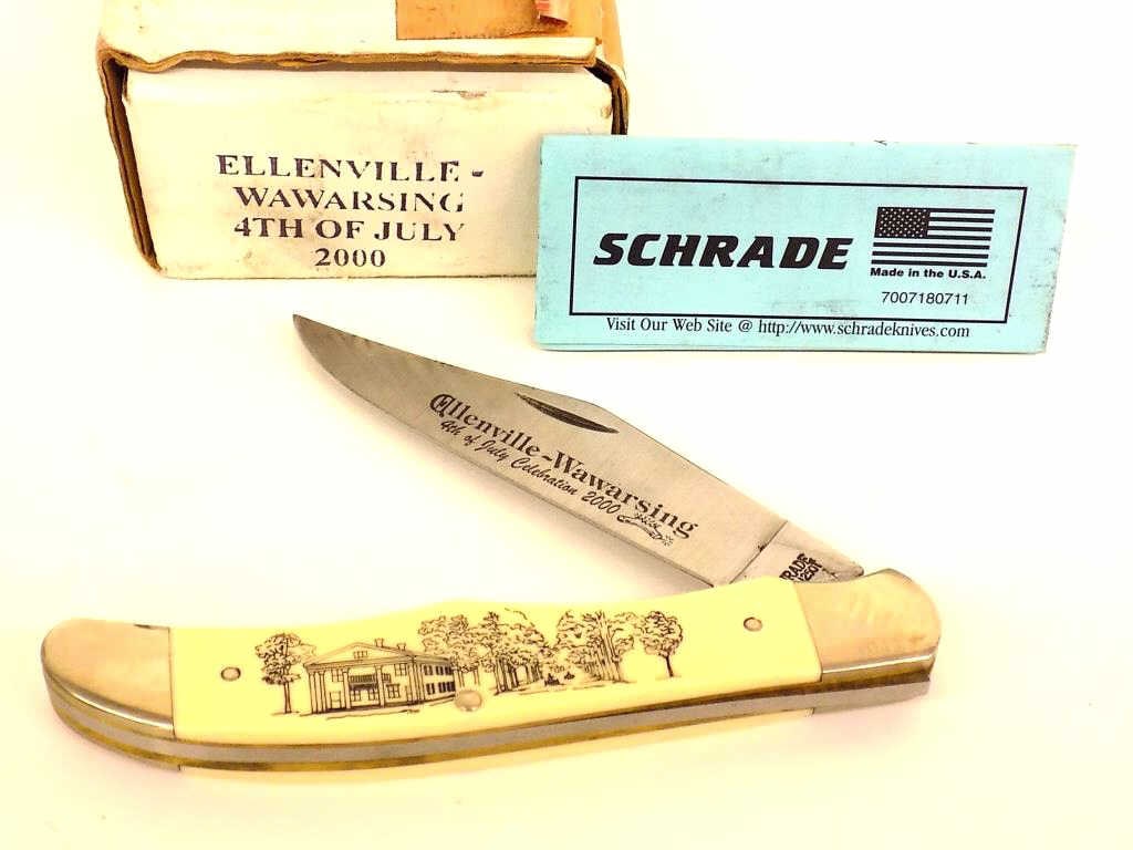 SCHRADE ELLENVILLE NY 4TH OF JULY FOLDING KNIFE: Schrade U.S.A. Ellenville N.Y. 2004 Limited Edition 4th of July Commemorative Folding Lock Back Pocket Knife. Engraved Handle and 4" Steel Blade. 9.25" Open Length. Original Box and Papers. No. 47