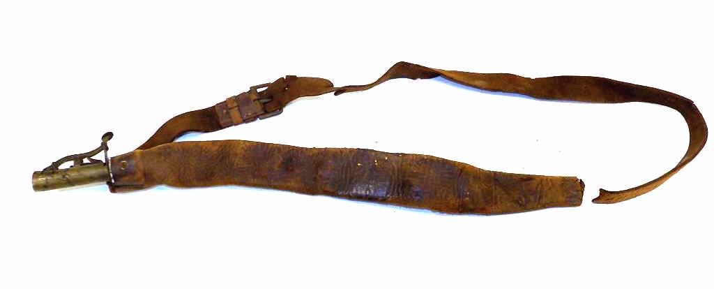 CIVIL WAR MUZZLE LOADER AMMUNITION SHOT POUCH: 19th Century Civil War Brass and Leather Ammunition Shot Pouch for Muzzle Loading Rifles. Length 18" As found condition.