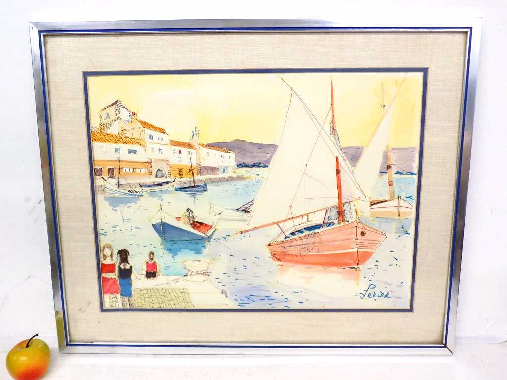 CHARLES LEVIER - BOATS AT HARBOR LITHOGRAPH: Charles Levier French 1920-2003 - Big Color Lithograph Depicting Boats At Harbor with Figures. 22.50" x 28" Chrome Frame.