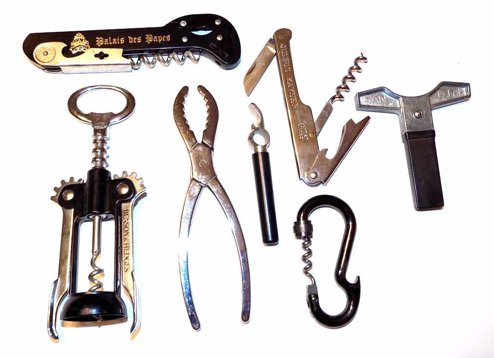 MODERN DESIGN BARWARE MULTI TOOLS CORKSCREWS ETC: Modern Design Barware Multi Tool Lot. Including: Sealed Palais Des Papes Bossenbroek German Folding Corkscrew, Bottle Opener, Knife, Black Enamel & Chrome Bottle Opener Corkscrew Benson & Hedges Adver