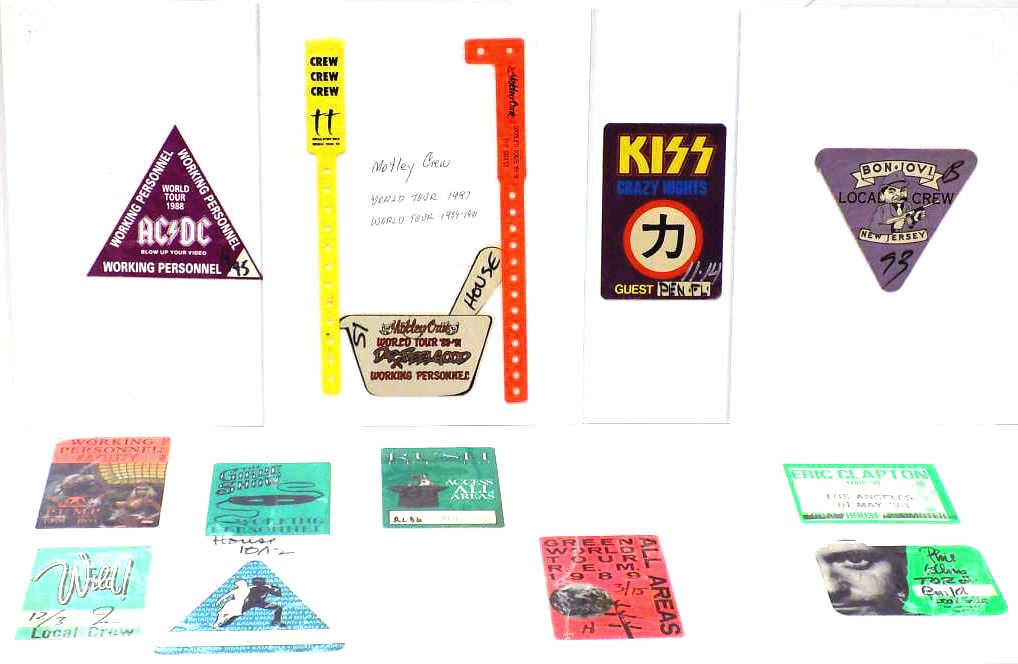 AUTHENTIC MUSIC CONCERT BACK STAGE PASS COLLECTION: Authentic Collection of Vintage 1980's 90's Back Stage Passes. 14 Pieces. Including: AC DC, Motley Crue Personnel with 2 Wristbands, KISS Crazy Nights Tour, Bon Jovi Local Crew, Aerosmith Pump Tour, G