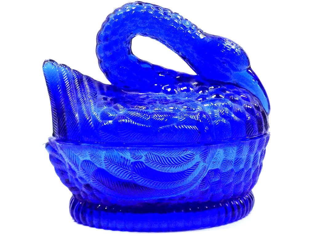 HEISEY STYLE BLUE GLASS SWAN COVERED BOX: Heisey Style Blue Glass Swan Covered Box / Jar.