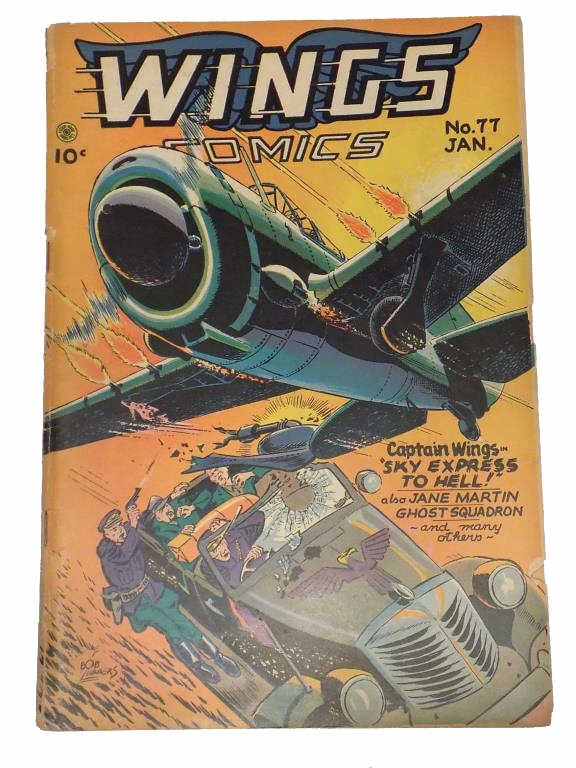 GOLDEN AGE WINGS COMICS No 77 MILITARY COMIC BOOK: Golden Age Wings Comics No 77 Jan 1947 Comic Book. Bob Lubbers Cover Art Depicting Nazi Soldiers Shooting At a War Plane. Captain Wings Sky Express to Hell ! Good - Very Good Condition