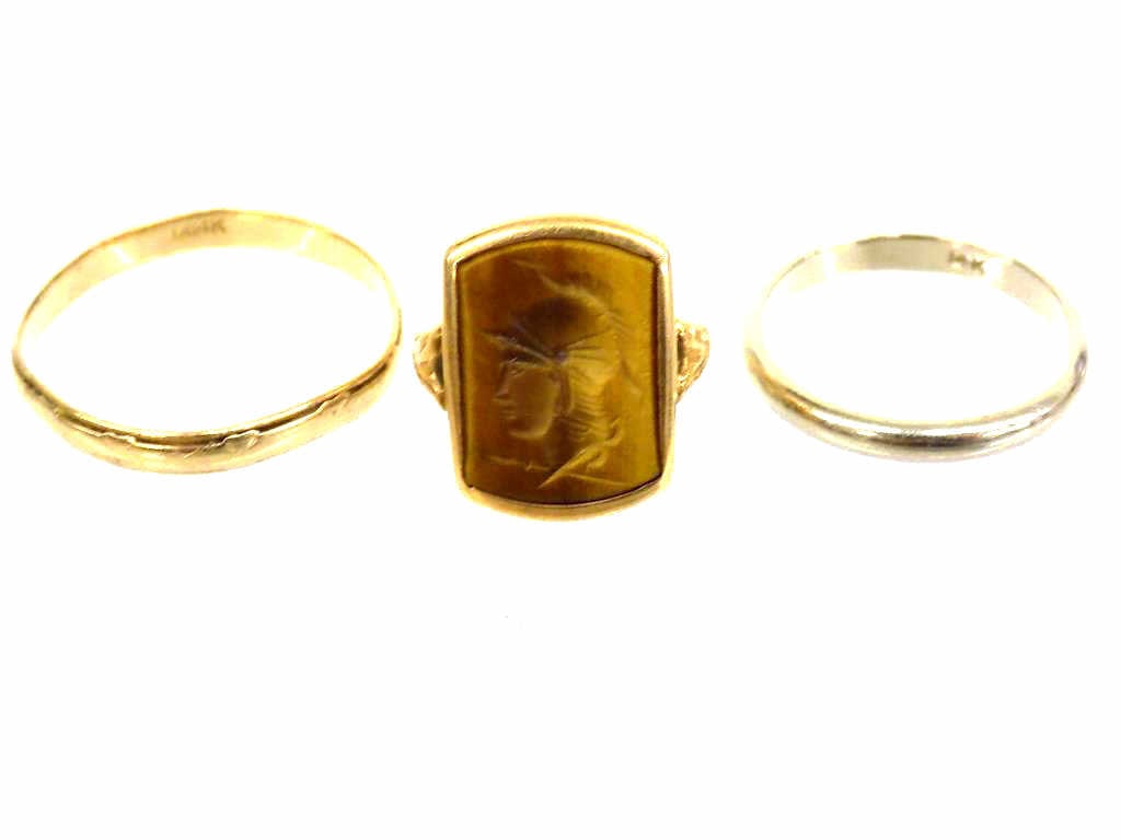 14K GOLD RING LOT W/ TIGER'S EYE GLADIATOR RING: Solid 14k Gold Ring Lot. Including Intaglio Gladiator Tiger's Eye Ring, Men's Band with Partial Engraving, White Gold Band Ring. 3 Pieces Size 2.75 / 11 1/2 / 7 1/2
